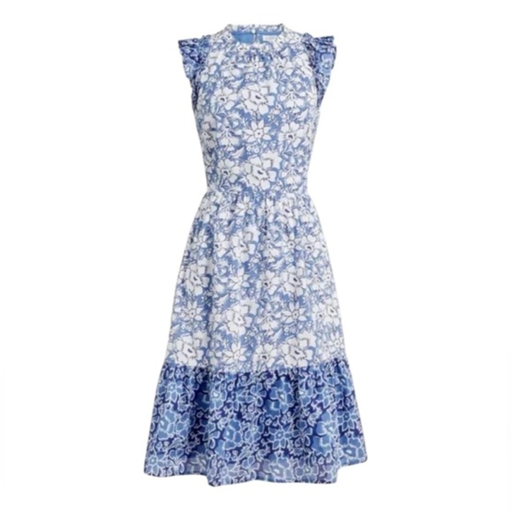 J Crew Size 16 Midi Dress Blue Summer Floral Prairie Cottagecore 100% Cotton NWT